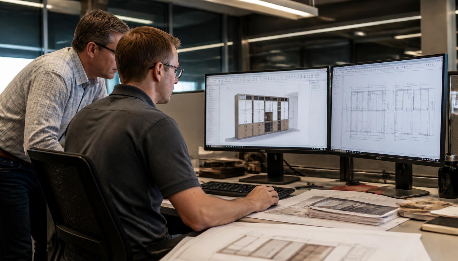 Engineers reviewing millwork shop drawings and 3D models on CAD workstations
