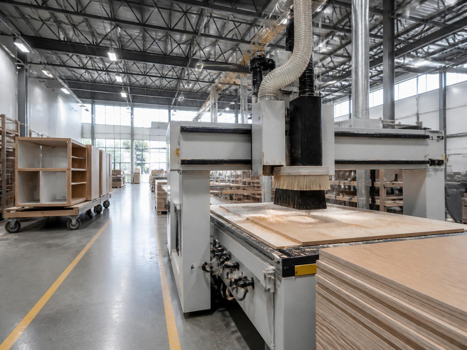 Inside the Sandha Woodworks Ontario millwork facility — 5-axis CNC router cutting white oak plywood