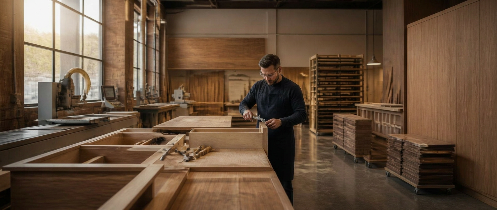 Craftsman inspecting architectural millwork inside the Sandha Woodworks Ontario facility